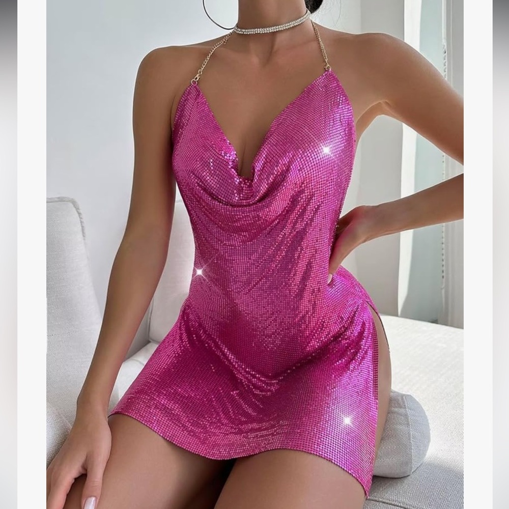 Pink metallic chain mesh dress unicorn goddess empress gypsy festival cocktail - Picture 1 of 3